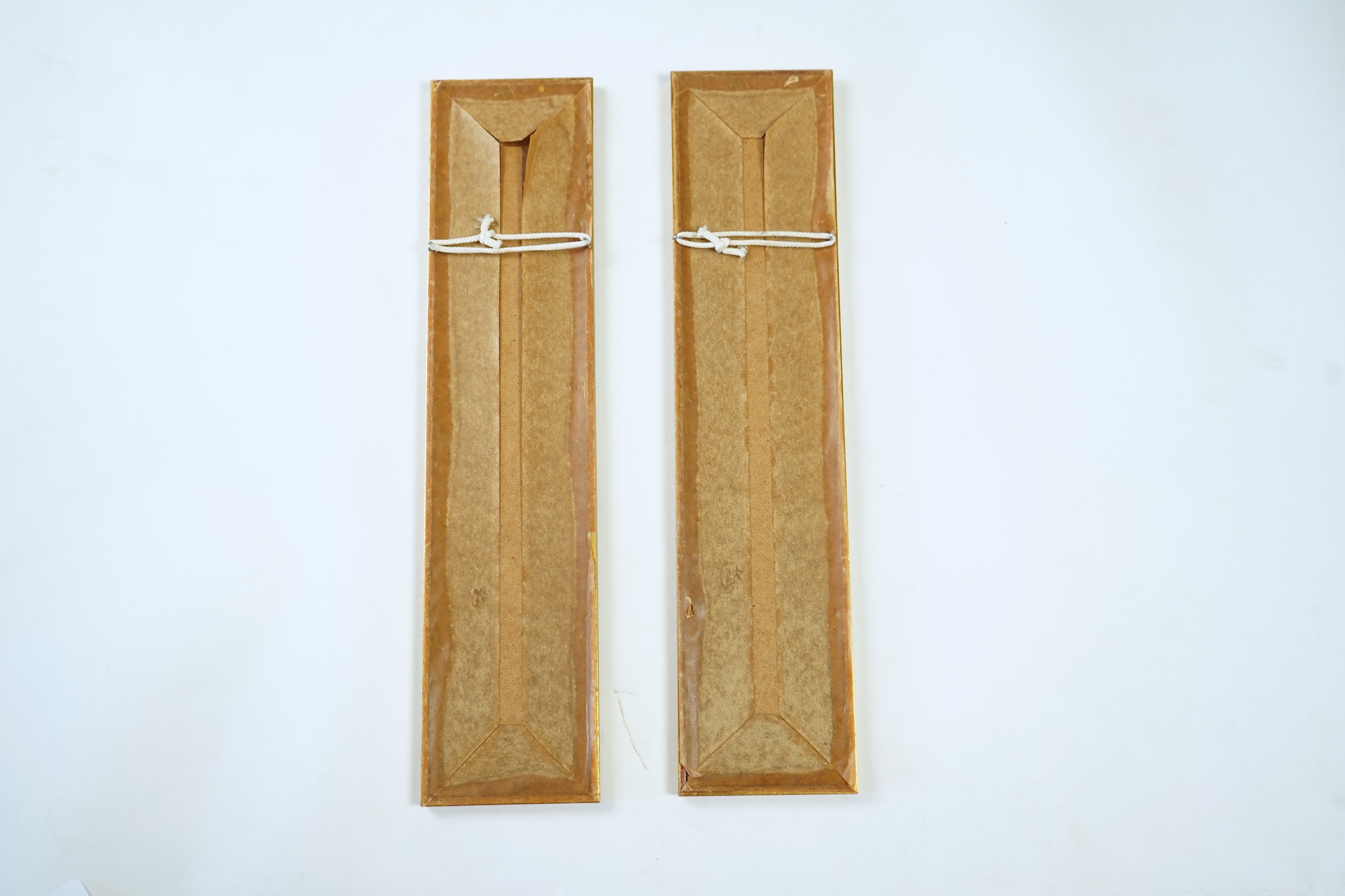 A pair of 19th century Chinese figural silk embroidered sleeve bands. Embroidered in Chinese knot stitch, mostly in blues silk threads on a cream silk backing. 49cm long x 9.5cm wide., Condition - backing fabric and embr